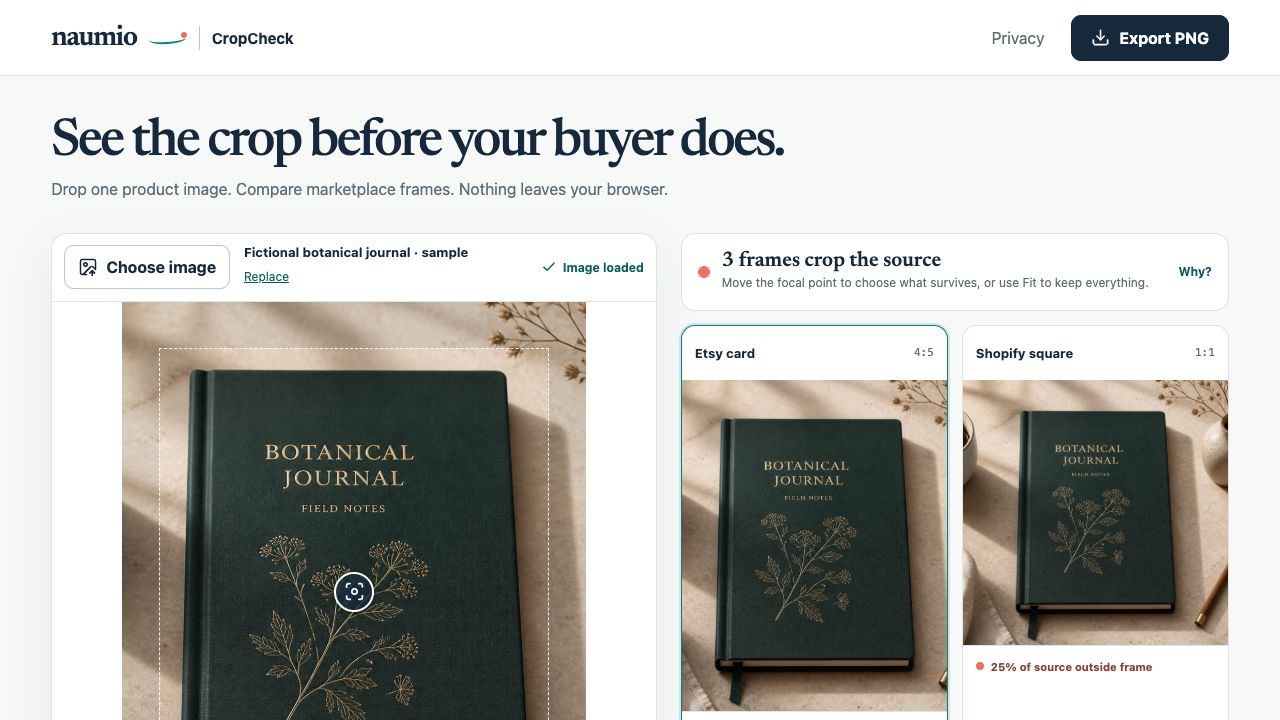 Actual CropCheck interface comparing Etsy and Shopify crops of a fictional botanical journal.